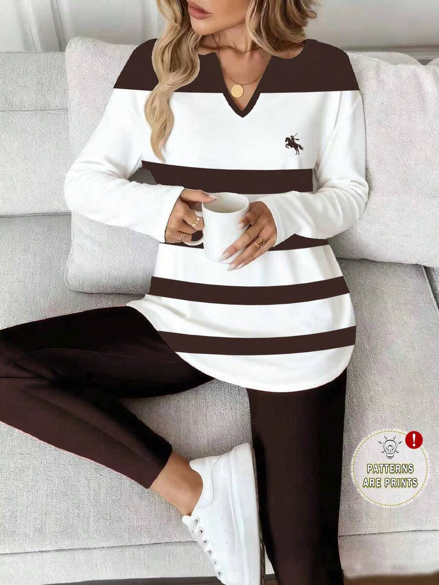 SHEIN LUNE 2pcs/Set Women Casual Striped Pattern Horse Riding Logo Long Sleeve T-Shirt And Leggings, Autumn/Winter - Coffee Brown - View 1
