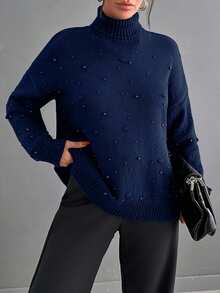 EURMUSE Sweter damski w dużym rozmiarze, luźny, na co dzień, do pracy, prosty, w jednolitym kolorze, z wysokim kołnierzem, zdobiony sztucznymi perłami, z opadającymi ramionami, jesień/zima