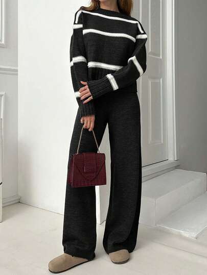 EURMUSE Women High Neck Striped Knit Sweater And Cozy Knit Sweater Pant 2pcs Set Co-Ords