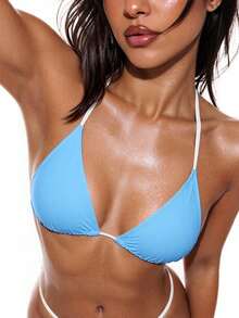 SHEIN Swim 2025 春夏女士沙滩/派对泳装比基尼上衣，浅粉色和荧光粉色拼色 - 藍白色 - 查看 4