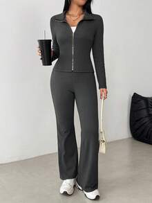 Franclia 2pcs Women Collared Zip Front Long Sleeve Top And Flared Straight Leg Pants Set, Suitable For Daily Wear - Grey - View 8