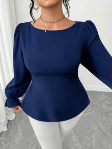 Elenzga 大码女式纯色泡泡袖蝴蝶结露背优雅休闲衬衫，夏季 - 藏蓝色 - 查看 4