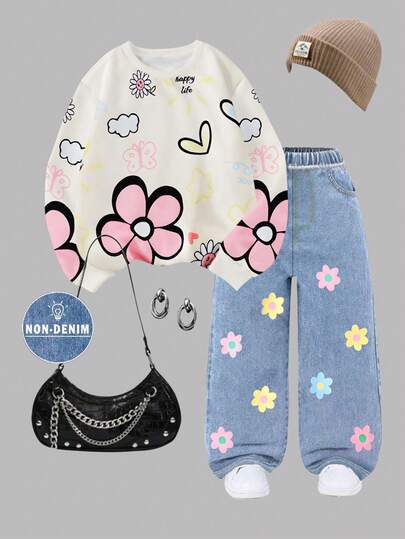 1 套青少年女孩休闲时尚可爱手绘花卉、蝴蝶、心形印花圆领运动衫 + 彩色花朵阔腿裤套装，适合秋冬日常穿着和外出