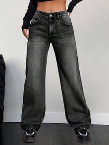 SHEIN EZwear 女士带口袋保暖内衬宽松阔腿休闲牛仔裤 - 黑色 - 查看 6