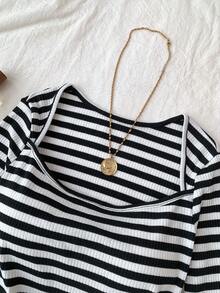 Tween Girls Long Sleeve T-Shirts, Suitable For Valentine's Day, Loungewear, Clean Girl, American BM Style, Y2K, Black & White Striped Knit U-Neck