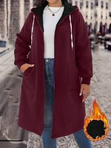SHEIN LUNE Plus Size Color Block Thermal Lined Hooded Long Sleeve Jacket, Autumn/Winter - Burgundy - View 3