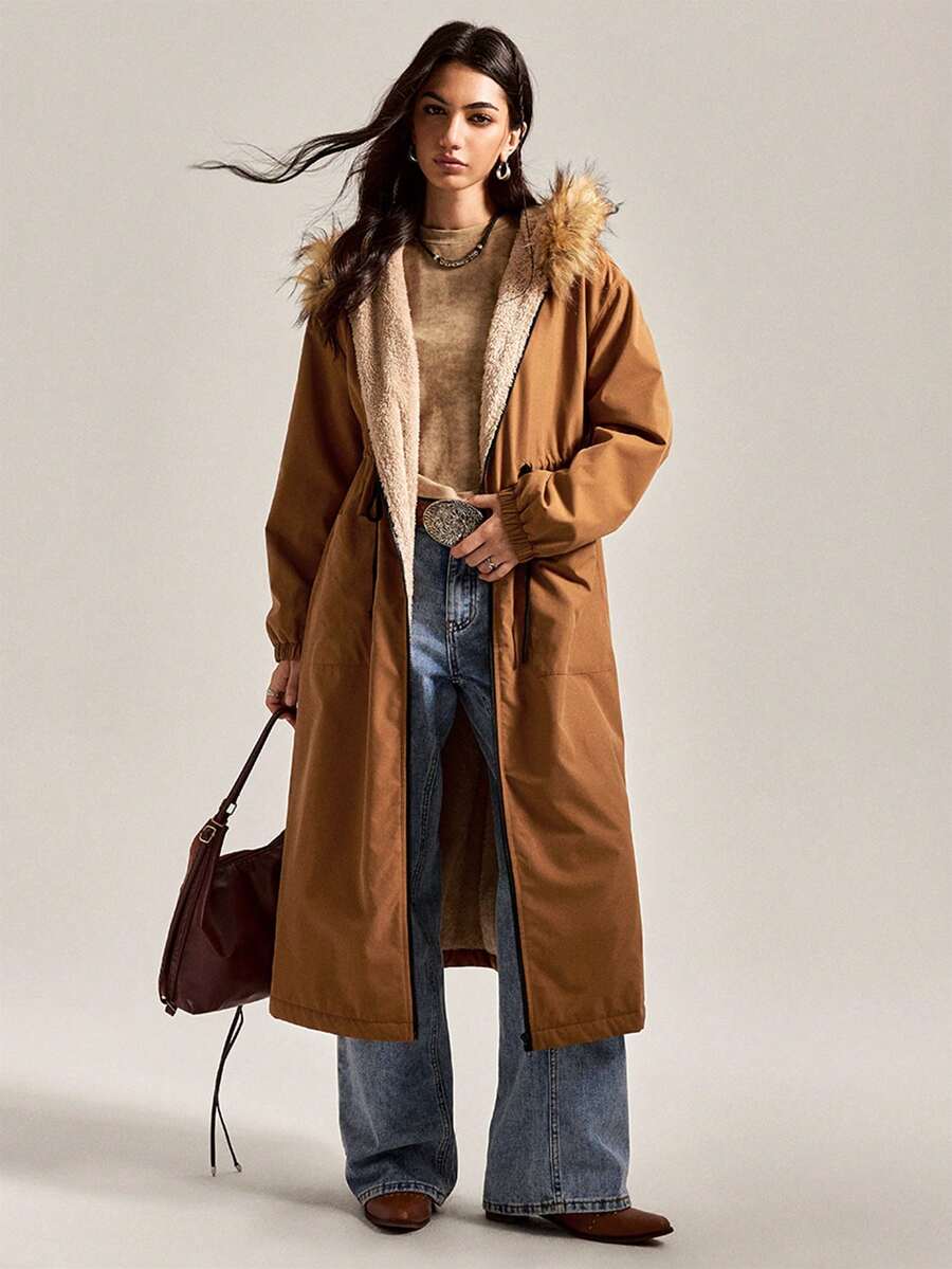 Easelle Abrigo acolchado para mujer, suelto y largo en color caqui marrón para otoño e invierno - Café integral - Ver 1