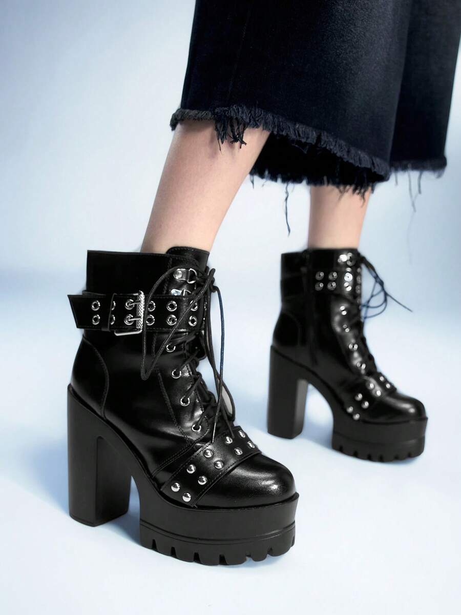 Sugerpunk 女式哥特式金属扣圆头厚底粗跟朋克靴，PU 黑色高跟靴，适合派对、日常穿着、晚礼服，增高修腿 - 黑色 - 查看 1