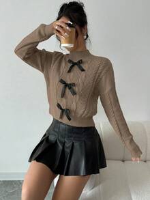 Elenzga 秋冬休闲法式蝴蝶结装饰立领毛衣 - 卡其色 - 查看 4
