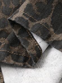 FRIFUL 女士时尚豹纹无袖方领休闲宽松长款牛仔连衣裙 - 棕色 - 查看 8