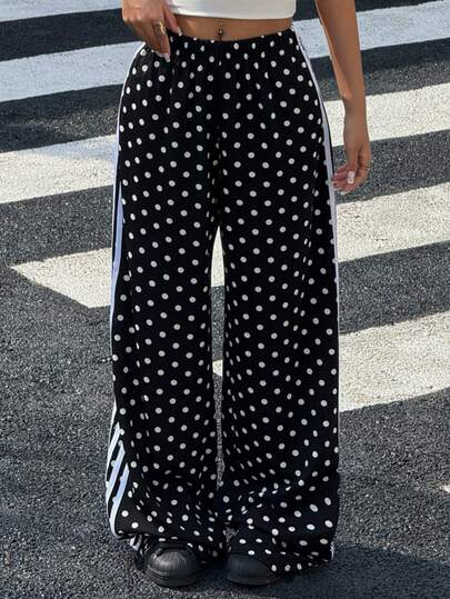 Muchica Black Pant Women's Black Polka Dot Side Stripe Print Elastic Waist Casual Sweatpants Black And White Polkadot Pants
