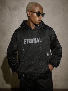 PAVTROS 男士休闲水钻字母图案口袋连帽衫，秋季 - 黑色 - 查看 3