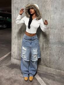 StreetHx 女式街头风连帽毛领修身长袖夹克，秋季 - 白色 - 查看 4