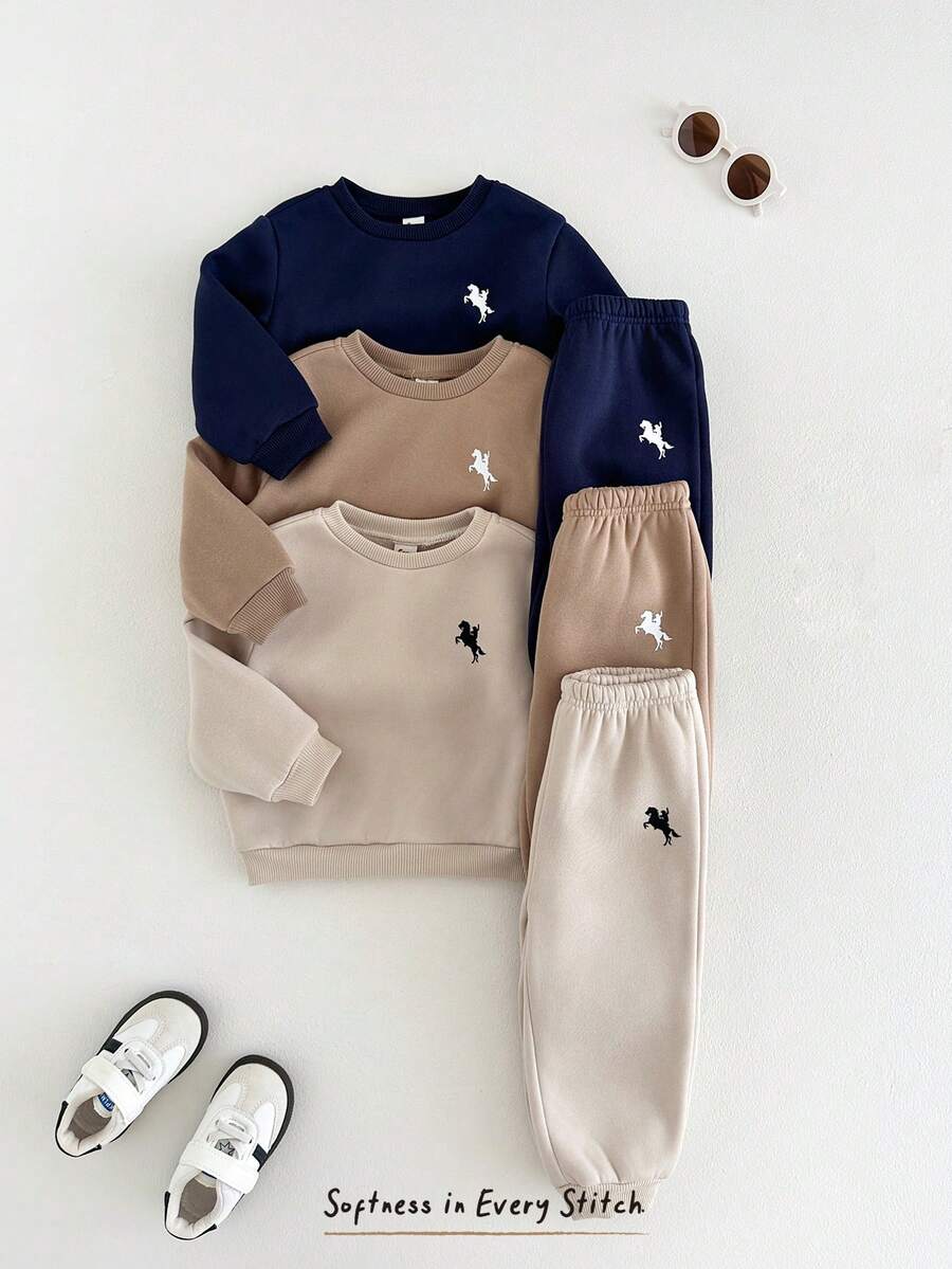 Cozy Pixies 6pcs Baby Boys Letter Pattern Knit Soft Crew Neck Long Sleeve Pullover Sweatshirt & Elastic Waist Pants Set, Thermal Lined Thick For Winter - Multicolor - View 1