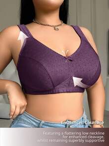 DesireSculpt 1pc Plus Size Women's Solid Color Elegant Comfortable Soft Jacquard Bow Decor Soft Sponge Adjustable Strap Wireless Bra - Maroon - View 6