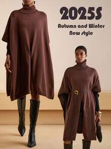Zivah 2025 Winter New Style, Christmas, New Year, Birthday, Party, Banquet, Preppy Style, Student Wear, Everyday Outing, Basic Versatile, Casual, Cruise Travel, Influencer Style, Street Style, Elegant, Commuter, Business Casual, Exaggerated Turtleneck With Fold-Down Cape Style, High Front Slit, Dark Brown, Autumn/Winter Sweater Pullover, Winter Sweater Jacket, Christmas Sweater Jacket, New Year Sweater Jacket, Women's Sweater Jacket