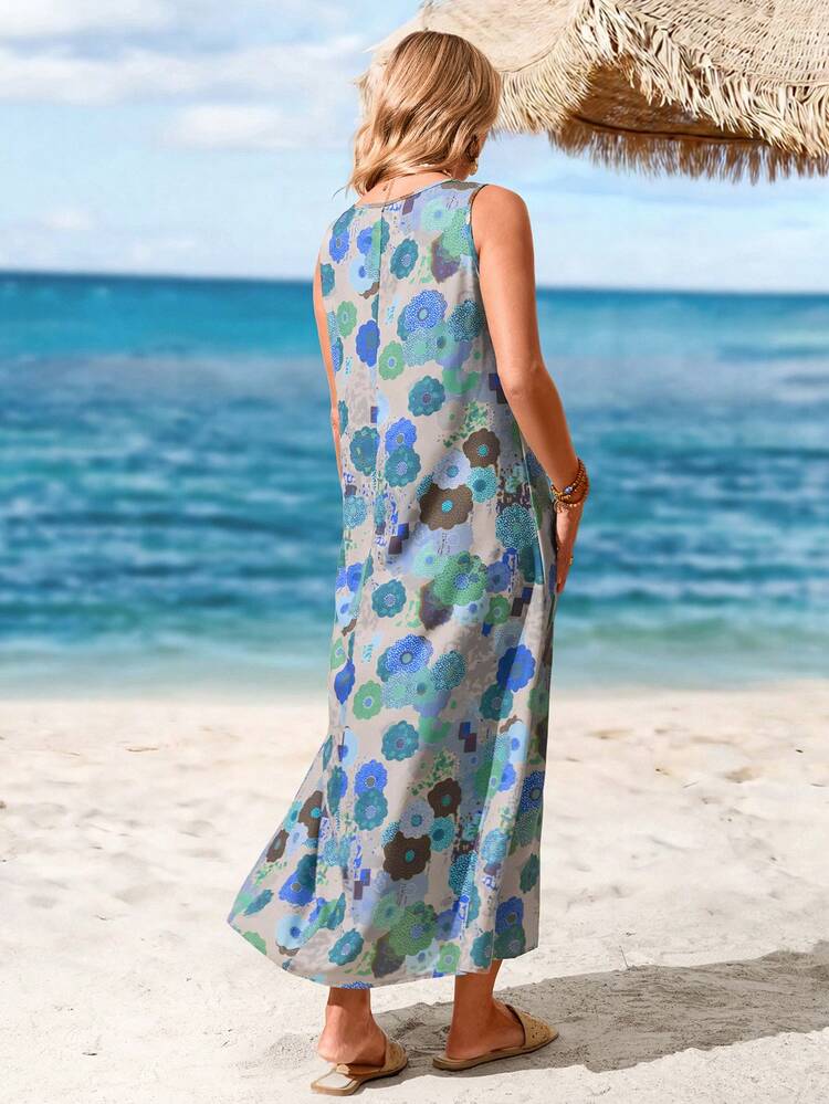 Women's Casual Floral Print Round Neck Sleeveless Dress, Vacation Dresses