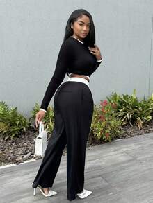 Alexandranx 撞色修身长袖上衣休闲度假机场假日可爱秋季返校秋冬 - 黑色 - 查看 5