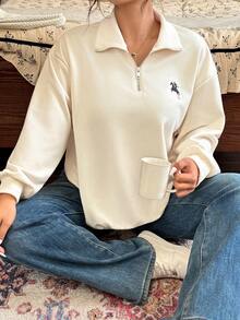 Vionelle 大码女式纯色马刺绣拉链宽松休闲运动衫