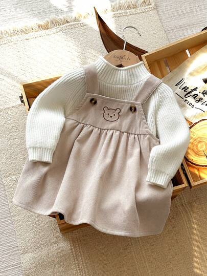 Vintaside Kids 女宝宝杏色甜心熊刺绣背带裙，适合外出拍照休闲穿搭，参加亲子聚会，展现可爱魅力