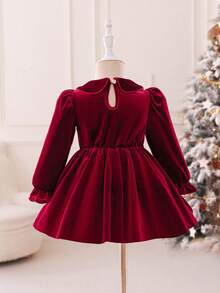 SHEIN Glamorique Kids Baby Girl Korean Velvet Peter Pan Collar Dress, Christmas Fashionable Minimalist Red Short Long Sleeve Dress - Burgundy - View 2