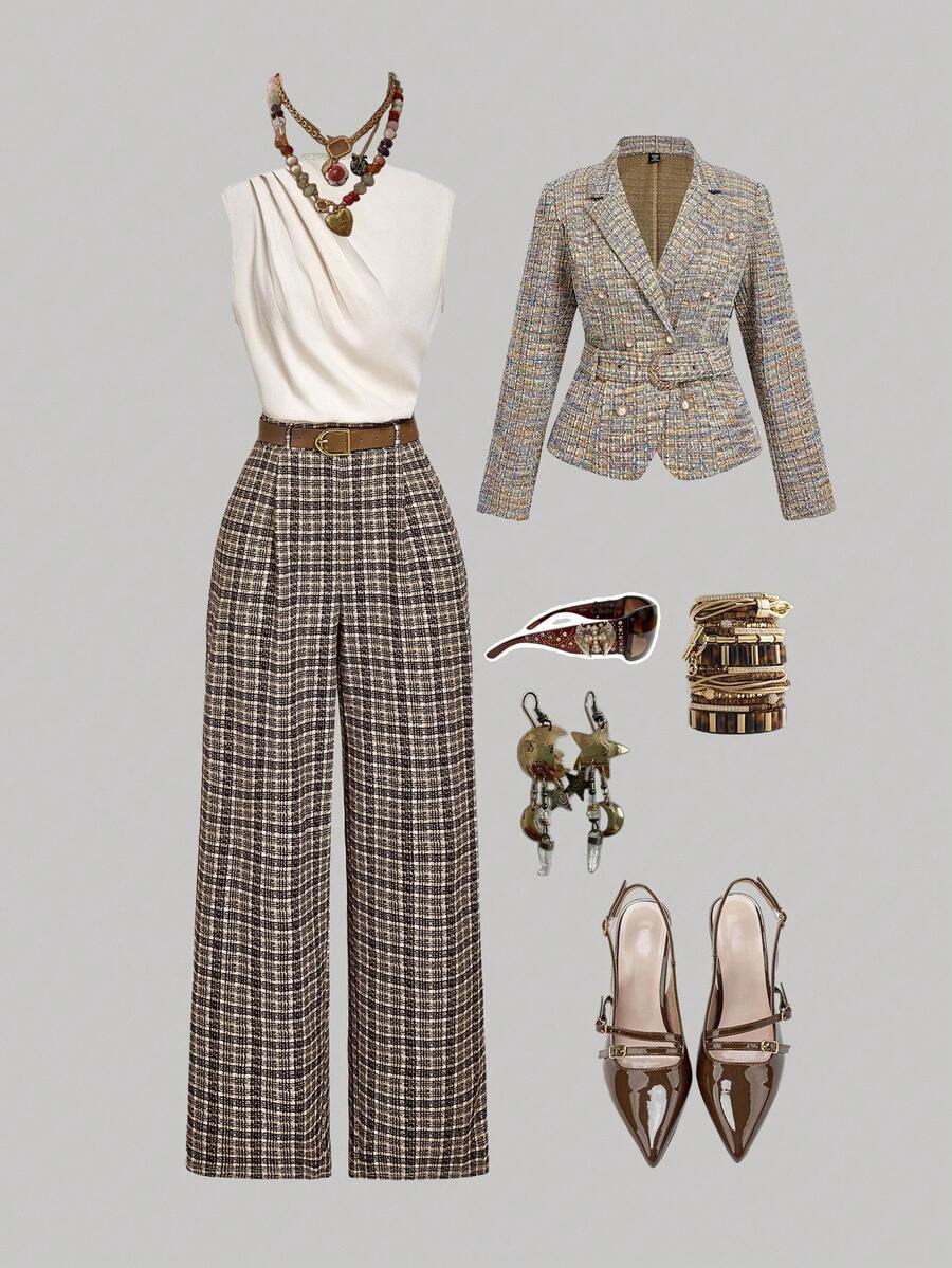 SHEIN MOD 大码女装夏季欧美时尚性感纯色挂脖金属装饰修身休闲连体裤 - 彩色 - 查看 1