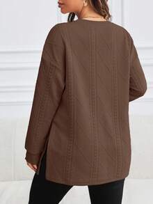 SHEIN 孕妇圆领长袖休闲运动衫，侧开衩下摆，秋冬 - 棕色 - 查看 2