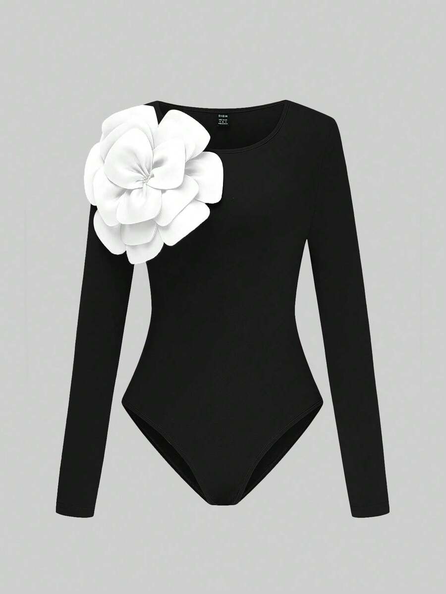 SHEIN Clasi 女式标准尺码圆领束腰花卉装饰优雅修身紧身衣 - 黑色 - 查看 1