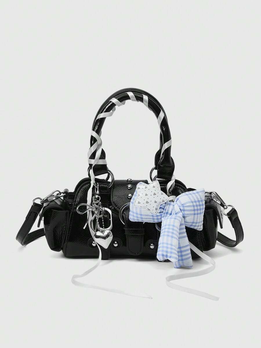 ROMWE Grunge Punk Y2K Glossy Flip Top Handbag - Black - View 1