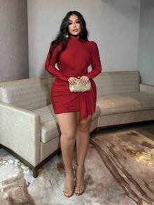 SHEIN LUNE Đầm ôm sát cổ cao, thắt eo, dáng ngắn dự tiệc dành cho nữ cỡ lớn, thích hợp cho mùa thu/đông. - Đỏ - Xem 6