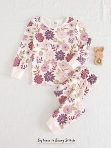 Cozy Pixies Young Boy Floral Print Soft Knit Snug Fit Pajama Set - Long Sleeve Top And Elastic Waist Pants - Mauve Purple - View 4