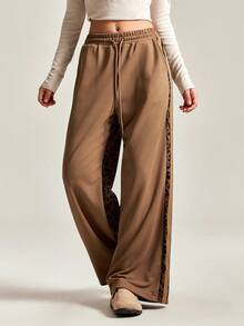 Easelle 休闲通勤豹纹拼布抽绳腰运动裤 - 棕色 - 查看 8