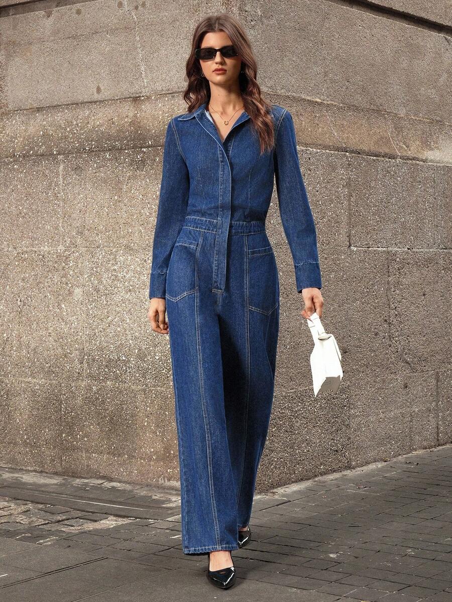 Selenza 女士时尚休闲松紧腰洗水长款牛仔连体裤 - 深色水洗藍 - 查看 1