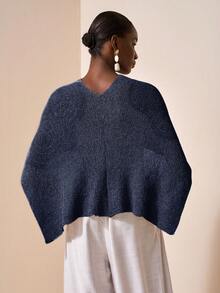 Zivah 性感披肩斗篷百搭针织披肩细肩带 V 领不对称肩部设计上衣，度假风格 - 藏蓝色 - 查看 3