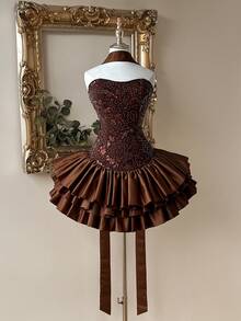 Lovelzi Váy hở vai cổ tim đính đá Rhinestone trang trí eo thắt eo nhiều tầng xếp nếp phong cách vũ công ballet Millennium sang trọng thanh lịch, thích hợp cho đám cưới, dạ hội, tiệc tối, sinh nhật, trở lại trường, trà chiều, triển lãm, sự kiện kinh doanh và các dịp khác - màu nâu - Xem 8