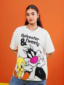 LOONEY TUNES X SHEIN Camiseta de manga corta con gráficos de dibujos animados y letras, de talla grande, para verano - Blanco - Ver 3