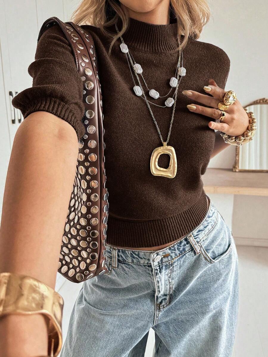 Siren Gaze 女式纯色简约休闲高领短袖毛衣 - 棕色 - 查看 1