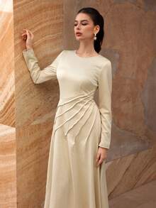 Modelyn Apricot Color High-End French Style Pleated Cinched Waist Elegant Long Sleeve Dress - Apricot - View 3