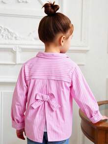 SHEIN 1 件女童翻领长袖纽扣条纹衬衫，正面绣有图案，秋季休闲上衣 - 粉色 - 查看 9