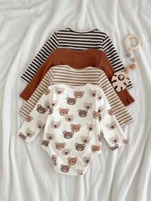 Loomiva 4件套新生女宝宝条纹针织柔软圆领长袖连体衣套装 - 彩色 - 查看 2