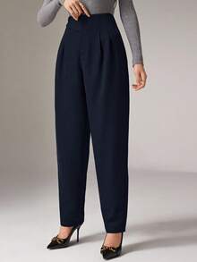 Heiryn Women's Button Design Pleated Loose Straight Leg Pants - Navy Blue - View 3