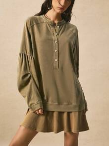 Easelle Vintage Casual Retro Snow Washed Color Block Loose Dress Splicing Retro One-Piece Dress Ladies Autumn Winter - Olive Green - View 4