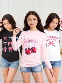 SHEIN Sparklyn 3件套女孩蝴蝶水果印花长袖T恤，适合街头风格、休闲装、同学聚会 - 粉色 - 查看 1