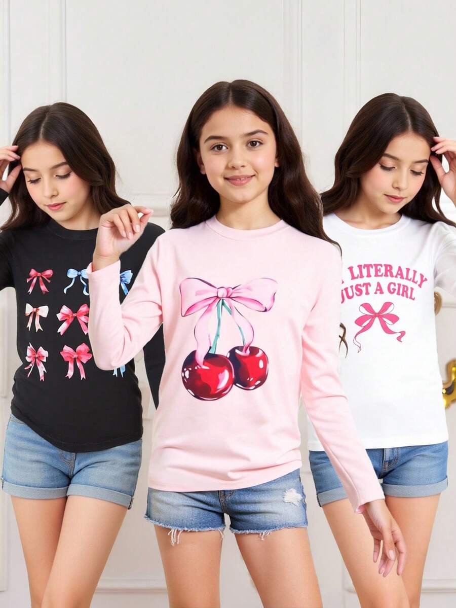 SHEIN Sparklyn 3件套女孩蝴蝶水果印花长袖T恤，适合街头风格、休闲装、同学聚会 - 粉色 - 查看 1