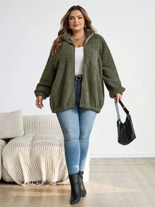 SHEIN CURVE+ Chaqueta de forro polar informal de talla grande, versátil para otoño/invierno - Verde militar - Ver 8