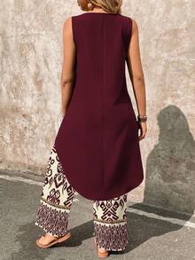 EMERY ROSE 2件套女士佩斯利印花无袖上衣和阔腿裤套装 - 酒紅色 - 查看 2