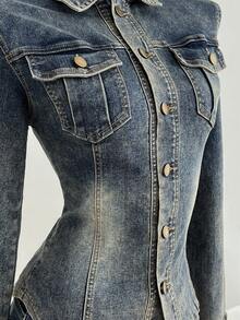 Elamini Women's Casual Washed Denim Jacket With Waist Cinching - Blue - View 5