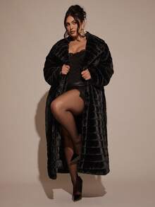 SHEIN BAE Plus Size Women Solid Color Lapel NeckLong Sleeve Long Faux Fur Coat/Winter