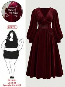 SHEIN CURVE+ 大码天鹅绒束腰灯笼袖中长连衣裙 - 酒紅色 - 查看 1