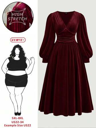 SHEIN CURVE+ Plus Size Sammetsklänning Med Åtsittande Midja Och Lanternärm
